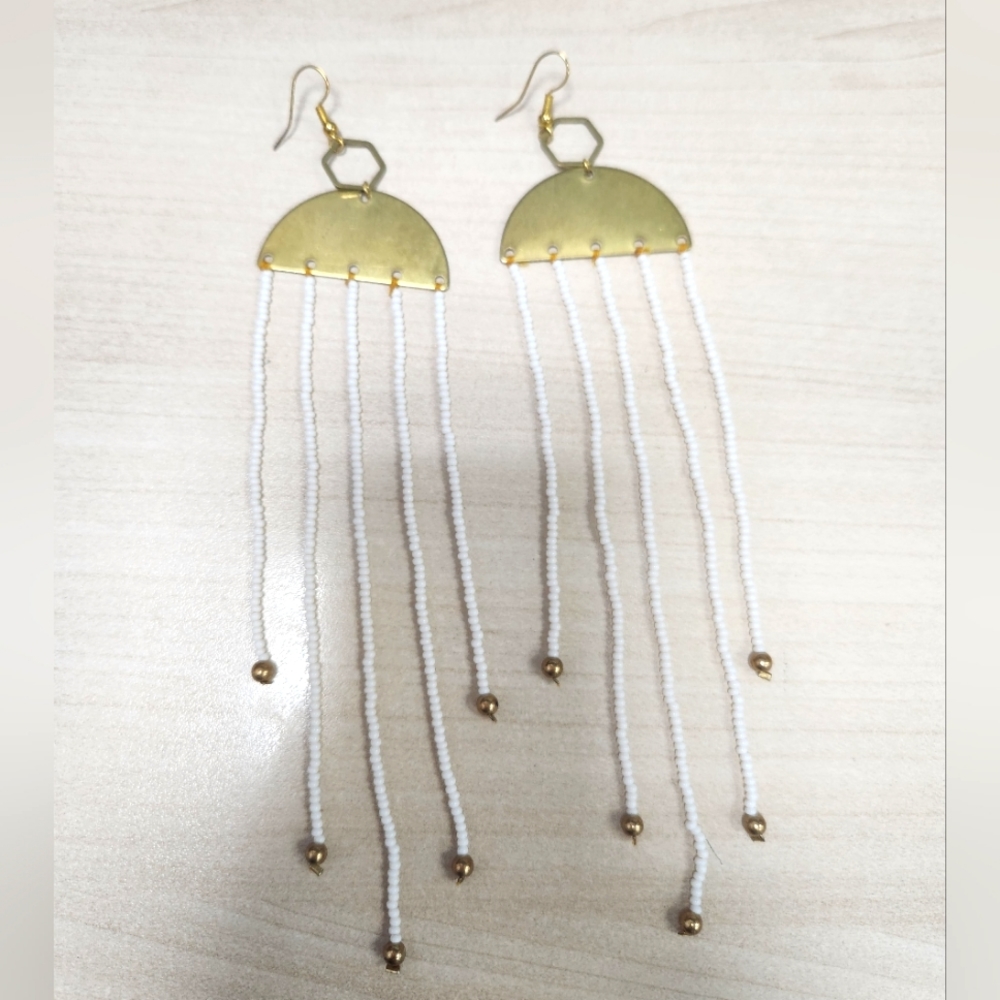 Brass Half Moon Beaded Earrings - 6" Total Length